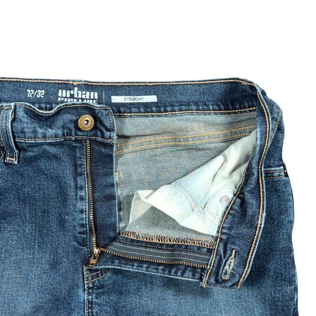 Vintage Urban Pipeline Jeans Mens 32x32 Blue Straight Fit Denim Stretch Dark Wash 5-Pocket Design Zip Fly Regular Rise Low 8-10 in Mens Jeans Blue Denim Size US 32 / EU 48 - 4 Thumbnail