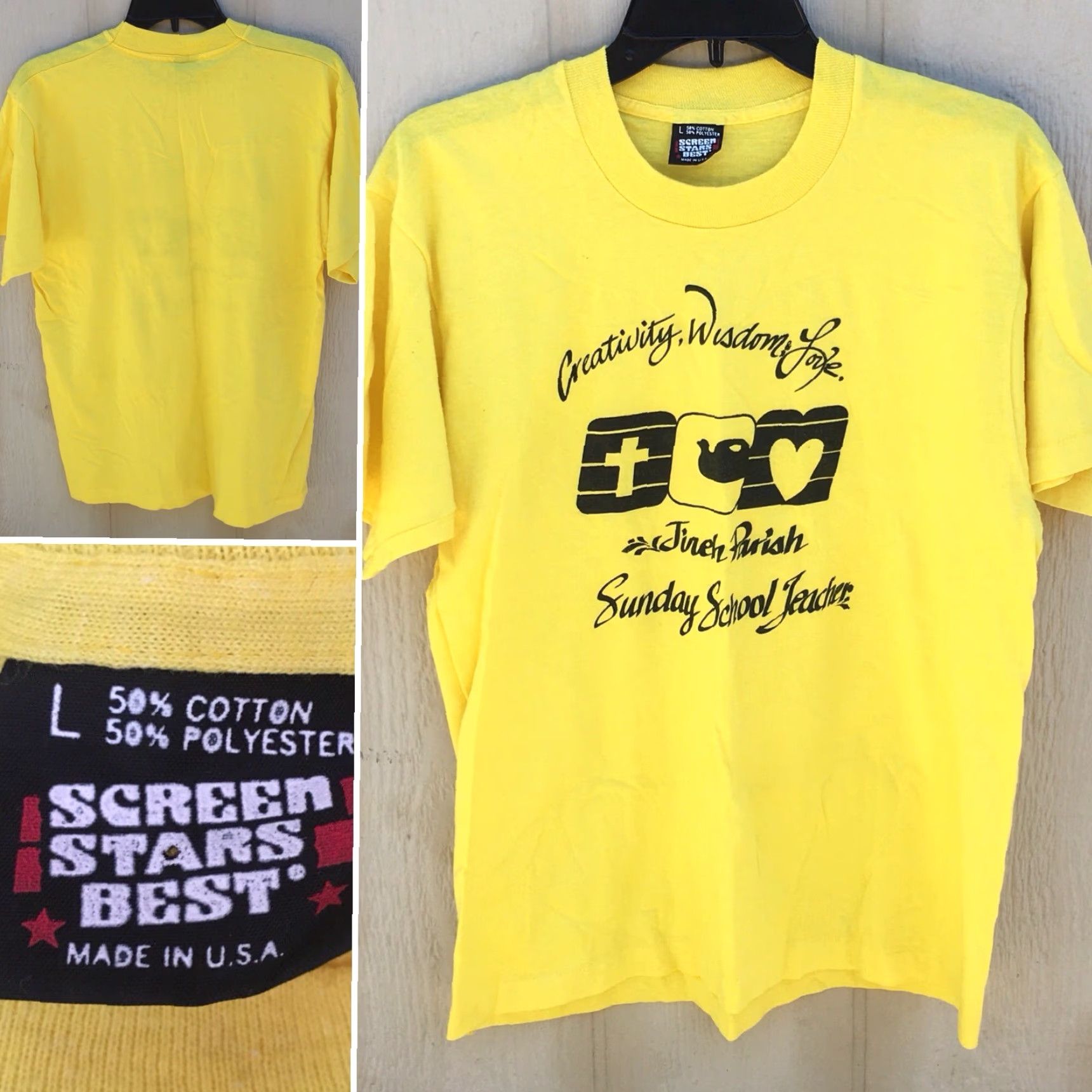 Vintage VINTAGE Screen Stars T-Shirt Yellow L Graphic Tee Unisex 1980s Sunday School Teacher Jireh Parish Wisdom Creativity Love Sz L Size US L / EU 52-54 / 3 - 6 Thumbnail