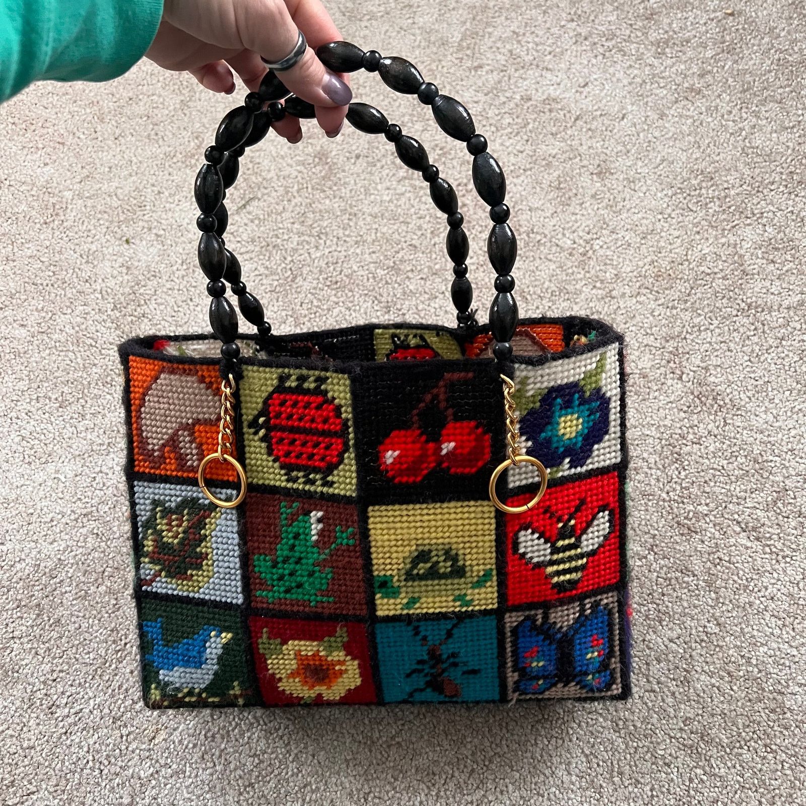 image of Vintage Cross Stitch Needlepoint Patchwork Tote Purse in Black, Women's