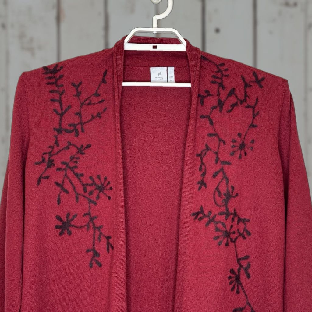 J. Jill J.Jill Sweater Cardigan Open Front Long Sleeve Womens Size M Red Black Print Knit Cashmere Cotton Nylon Lightweight Size M / US 6-8 / IT 42-44 - 1 Thumbnail