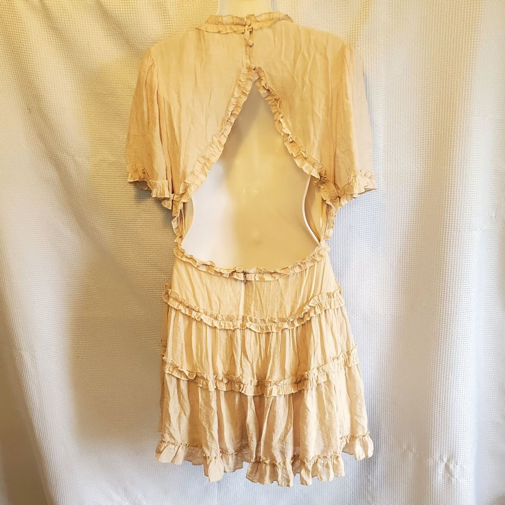 Vintage Entro Womens L Tiered Backless Mini Dress Boho Pink Lined V-Neck Bell Sleeve Button Zipper Size L / US 10 / IT 46 - 4 Thumbnail