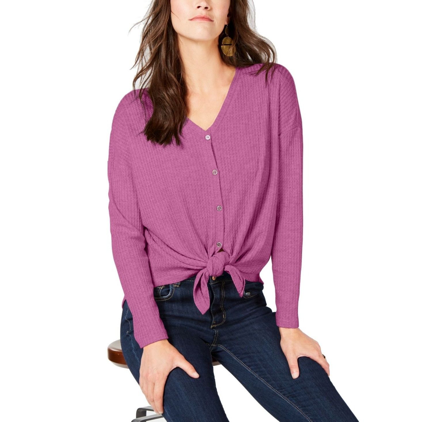 Style & Co Style & Co Women’s Knit Tie Hem Thermal Button up Top, Vivid Size S / US 4 / IT 40 - 1 Thumbnail