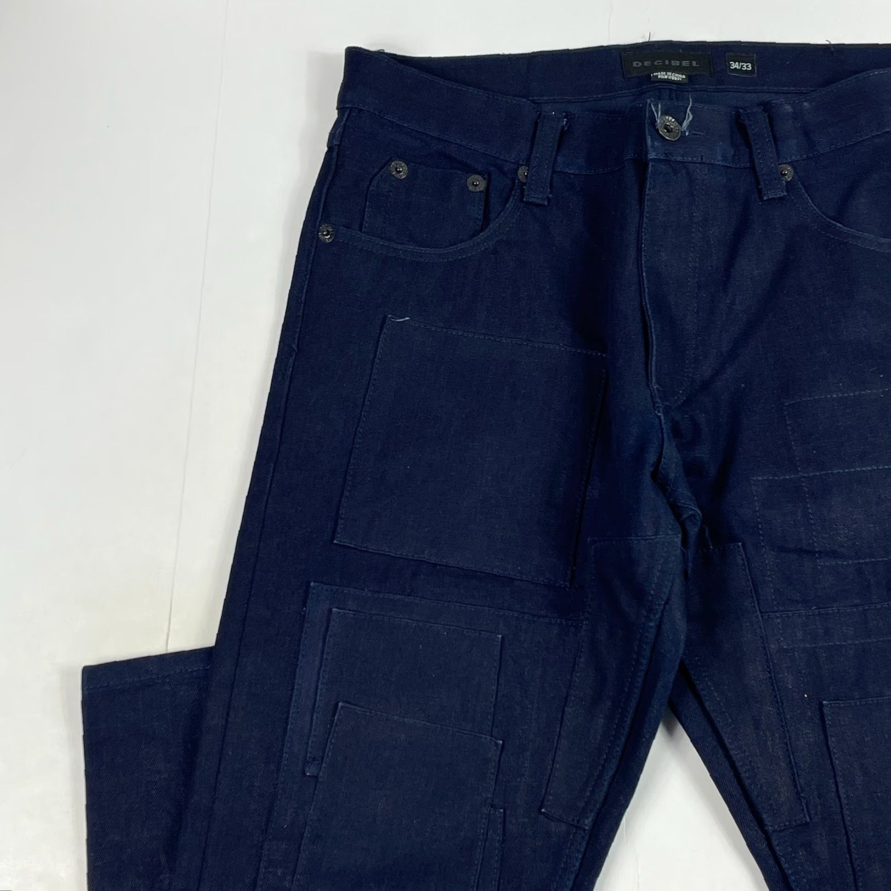Denime Decibel Jeans Mens 34 x 33 Blue Tapered Leg Dark Wash Raw Denim Patches Biker Jeans Mens Regular Slim Story? Size US 34 / EU 50 - 2 Thumbnail