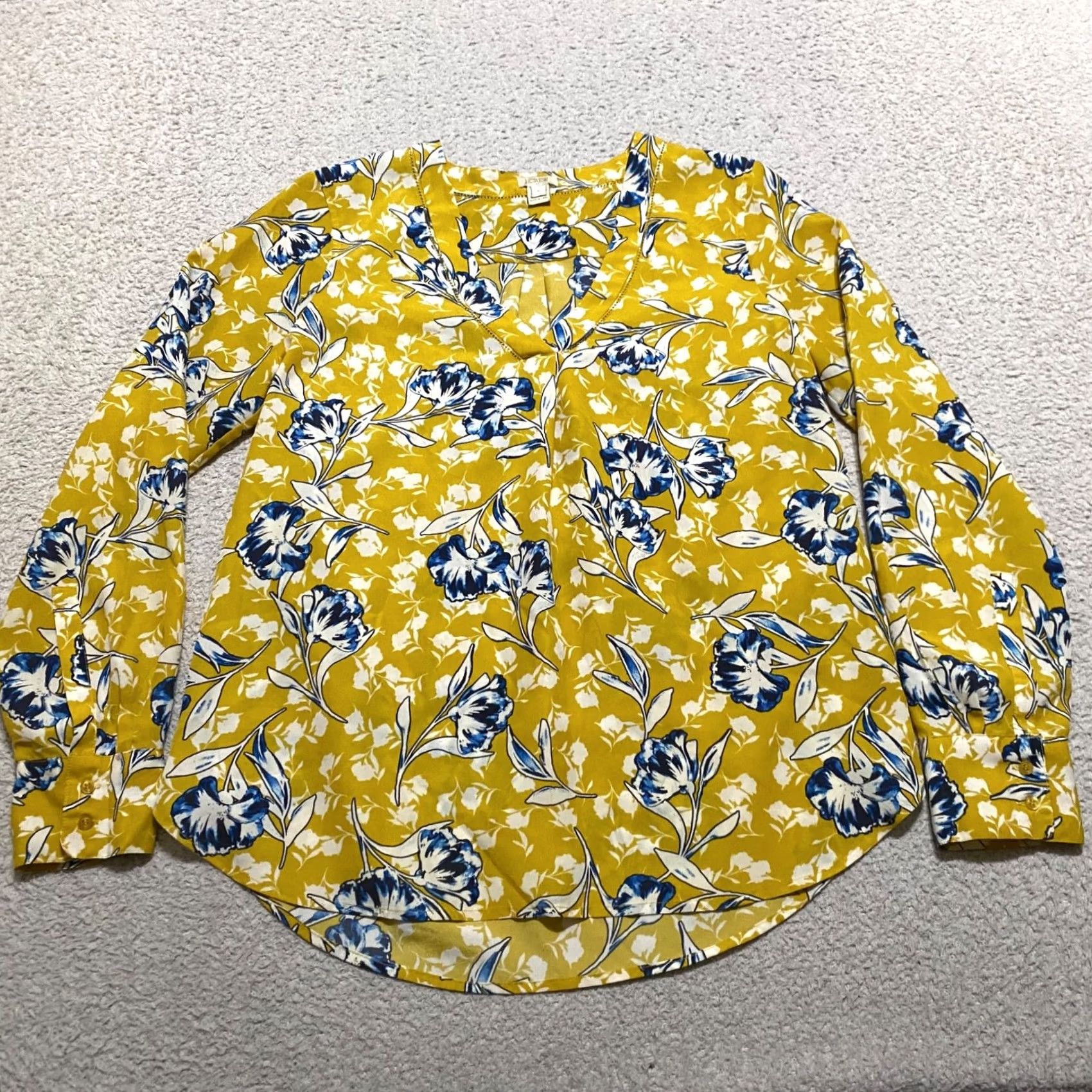 J.Crew J. Crew Womens Small Shirt Yellow Floral Long Sleeve V-Neck Pullover Blouse Top Size S / US 4 / IT 40 - 2 Thumbnail