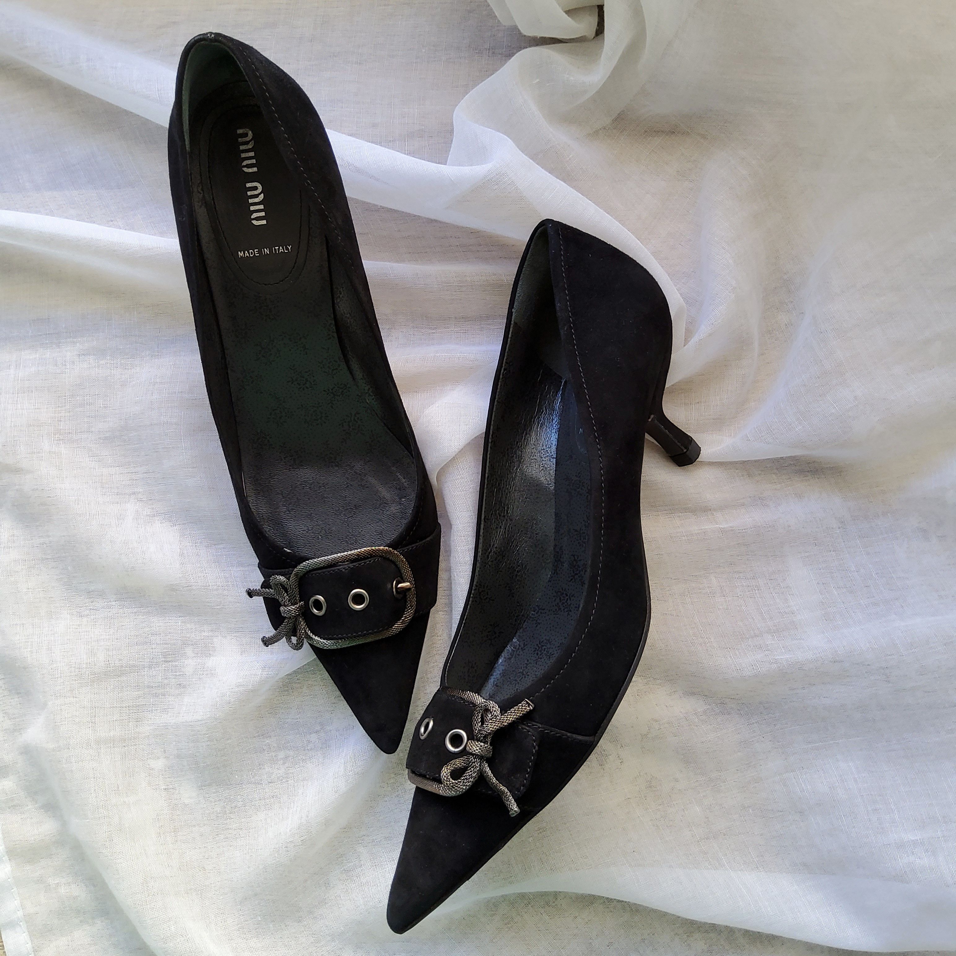 Miu Miu vintage y2k suede leather buckle pointy kitten heels