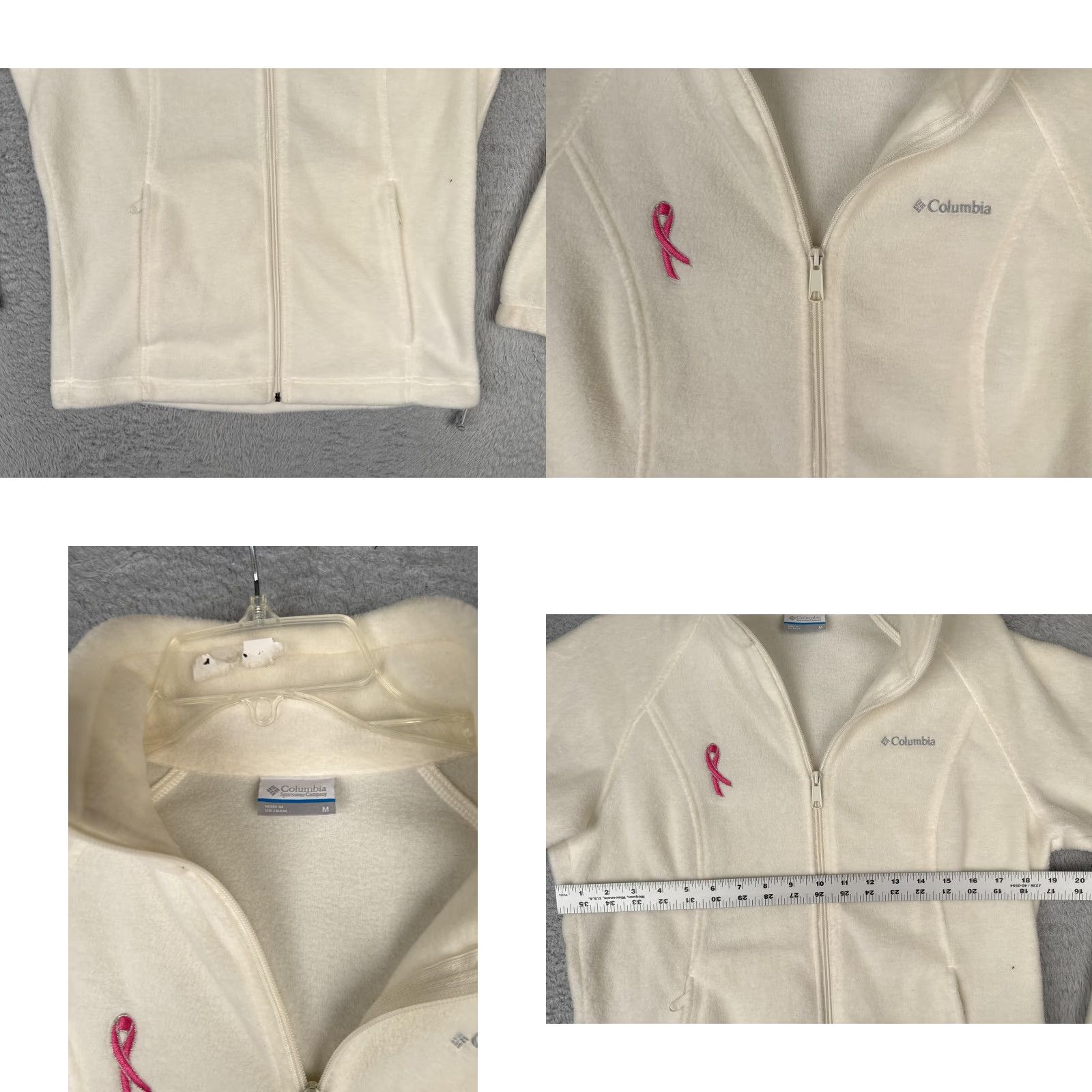 Pinko Columbia Jacket Womens Medium White Fleece Full Zip Outdoor Hiking Pink Ribbon Embroidered Logo Pockets Size M / US 6-8 / IT 42-44 - 8 Thumbnail
