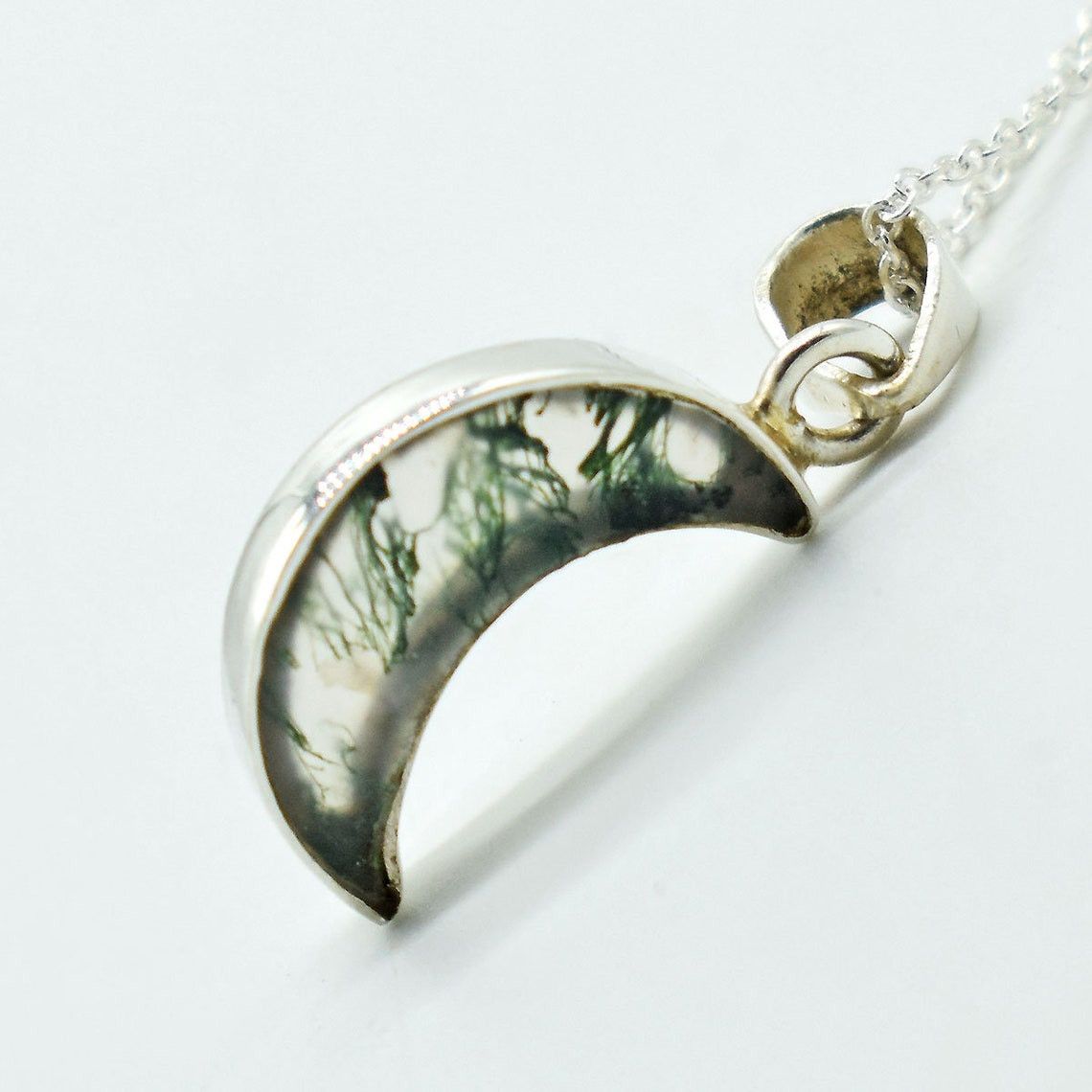 Handmade Moss Agate Moon Pendant: 925 Sterling Silver Necklace Size ONE SIZE - 3 Thumbnail