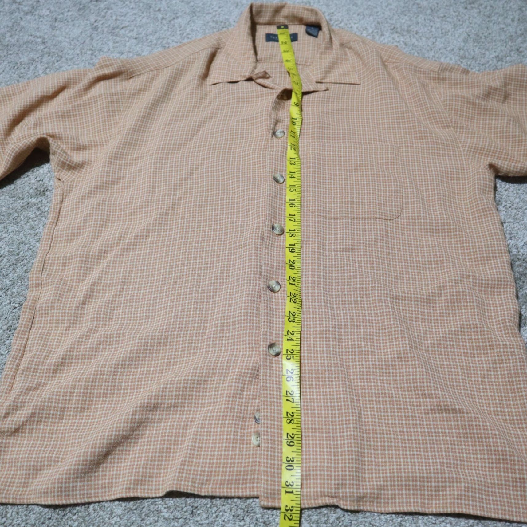 Van Heusen Van Heusen Shirt Short Sleeve Button Up Orange Coral Checked Rayon Men's L Large Size US 33 - 6 Thumbnail