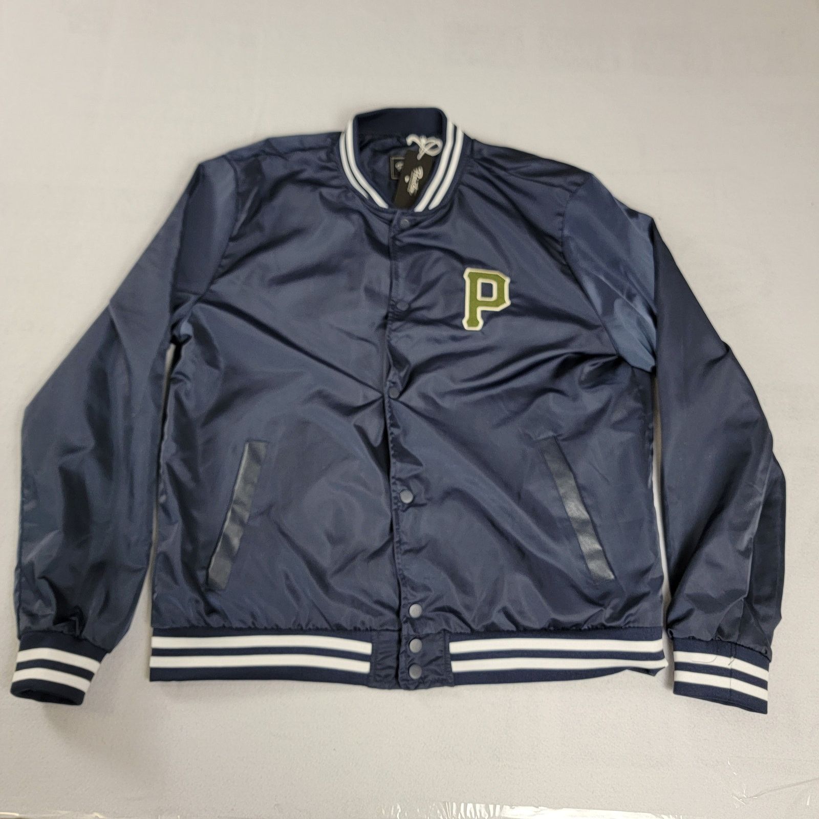 Primitive Clothing Dirty P Men Navy Satin Varsity Jacket Lg