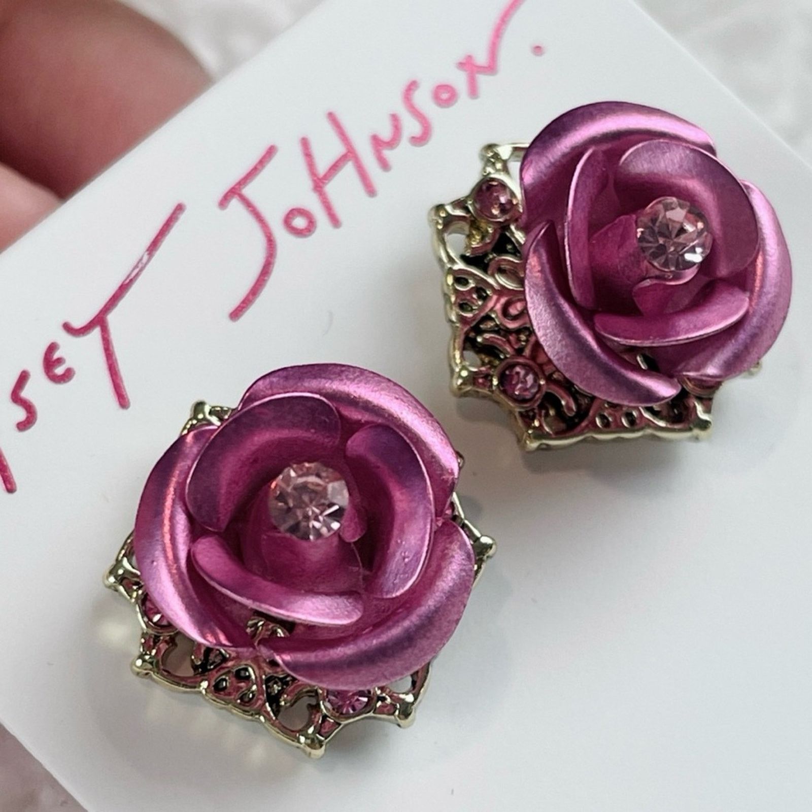 Betsey Johnson BETSEY JOHNSON • Pink/Gold Rose Rhinestone Stud Earrings Size ONE SIZE - 6 Thumbnail