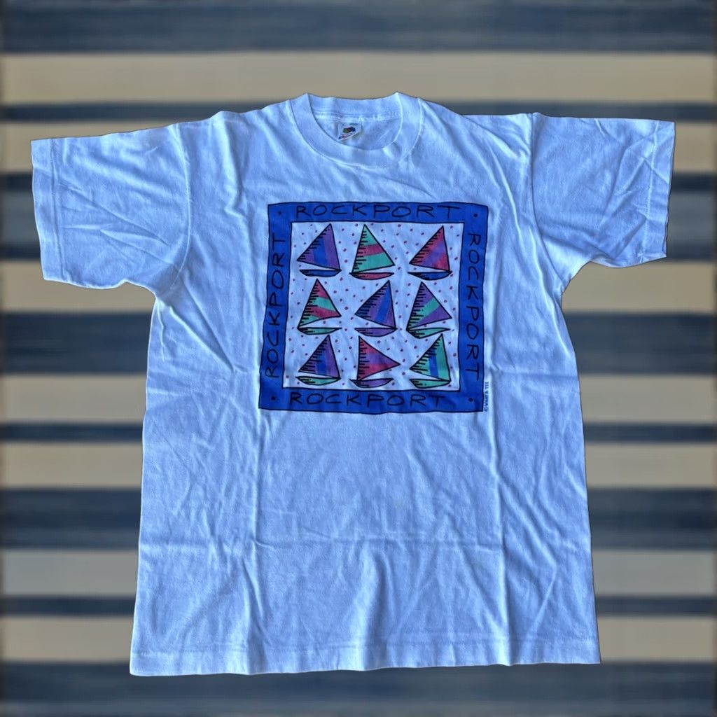 Hanes VINTAGE Hanes Rockport Mass Sailboats T-Shirt Large White Cotton Blend USA Graphic Print Crew Neck Men Size US L / EU 52-54 / 3 - 1 Thumbnail