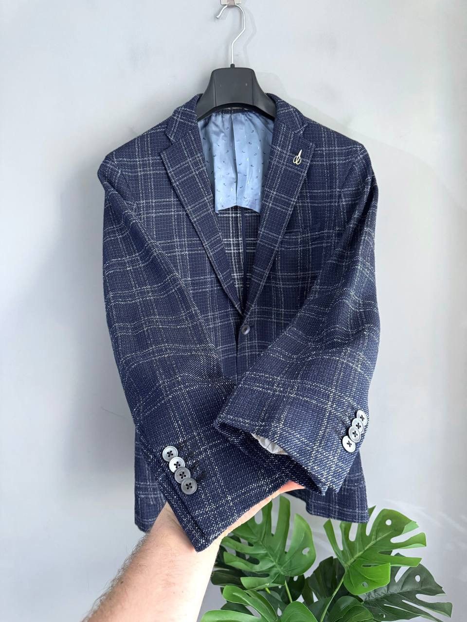 Paoloni Paoloni Men's Blazer Wool/Cotton Dark Blue Check, Size 52 Size 52R - 8 Thumbnail