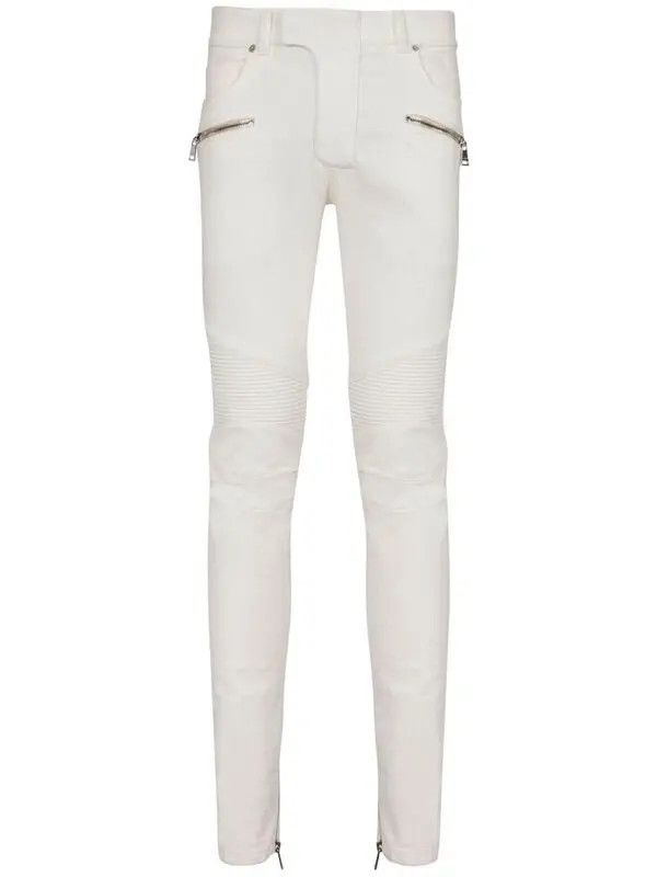 Balmain o1s1wg111025 Biker Slim Fit Mid Rise Jeans in White Size US 34 / EU 50 - 1 Thumbnail