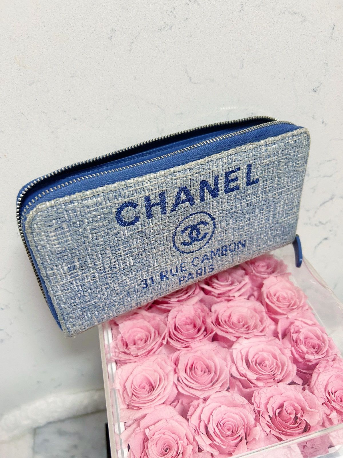 Chanel Authentic Chanel Light Blue Deauville Tweed Wallet / Clutch Size ONE SIZE - 1 Thumbnail