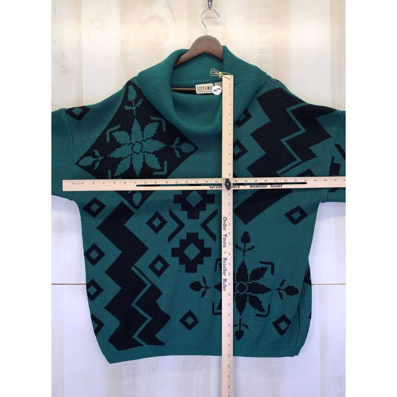 Vintage VINTAGE Stefano Sweater Geometric Floral Design Cowl Neck Womens One Size Green Knit Pullover 3/4 Sleeve Size ONE SIZE - 3 Thumbnail