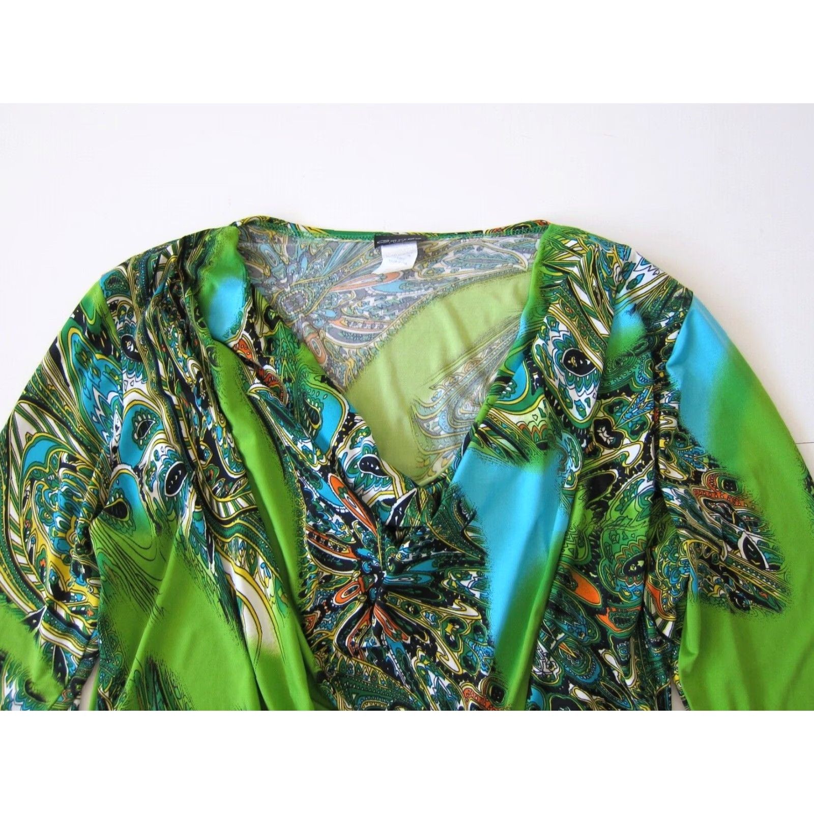 Vintage Caribe Blouse 3/4 Sleeve Ruched Neck Paisley Stretch M Green Black Blue Floral Shirt Womens Size M / US 6-8 / IT 42-44 - 3 Thumbnail