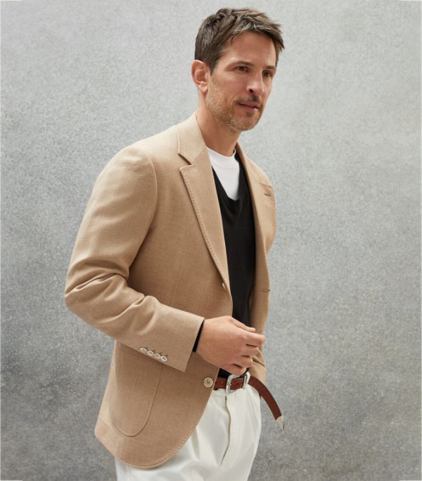 Brunello Cucinelli Woven Jacket Silk in Medium Beige Size US M / EU 48-50 / 2 - 5 Thumbnail