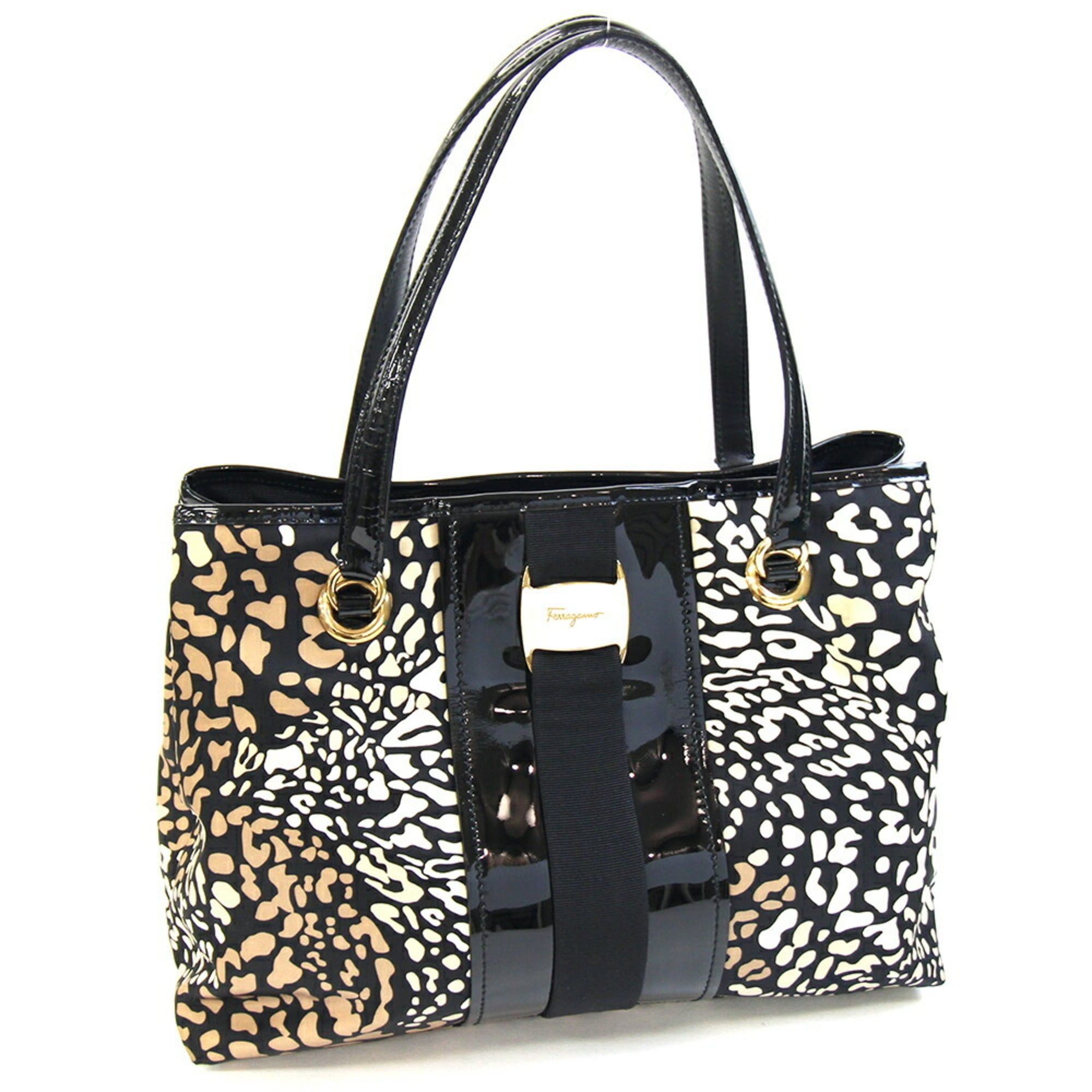 Salvatore Ferragamo Salvatore Ferragamo Ferragamo Vara Tote Bag FJ21 E166 Beige Black Nylon Enamel Leather Animal Leopard Print Women's Salvatore Size ONE SIZE - 1 Thumbnail