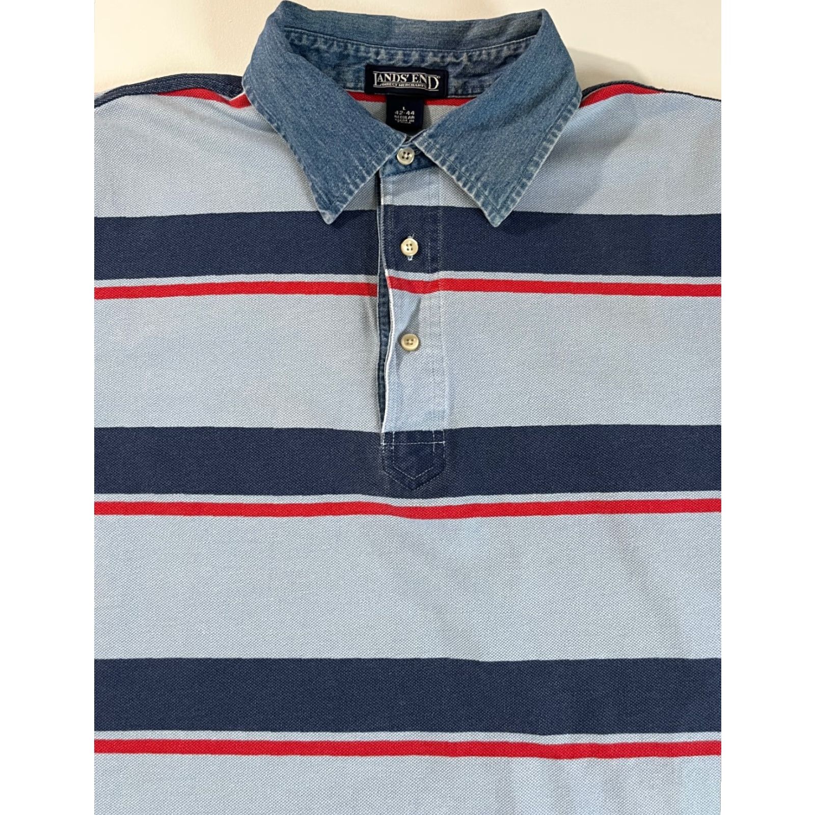 Lands' End Lands' End Polo Shirt Striped Denim Collar Sz L Men’s Short Sleeve Multicolor Cotton Polo Size US L / EU 52-54 / 3 - 3 Thumbnail