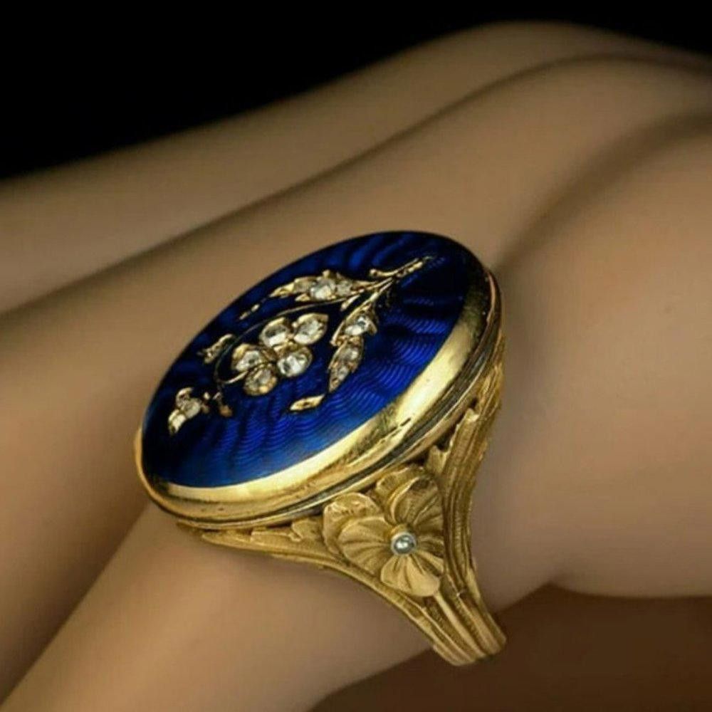 Designer Men's Blue Enamel Sterling Silver Antique Gold Ring - Size 8 Size ONE SIZE - 3 Thumbnail