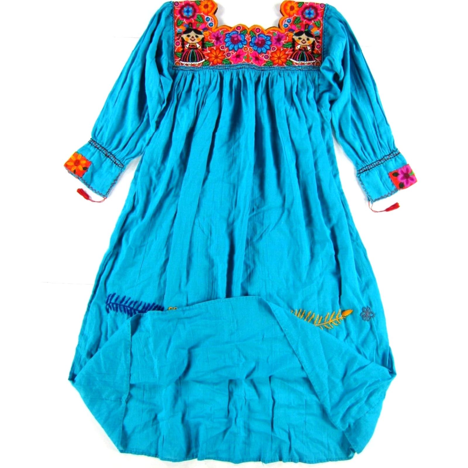 Altea VINTAGE Handmade 100% Cotton Teal Blue Embroidered Floral Ethnic Smock Dress S-M Size S / US 4 / IT 40 - 6 Thumbnail