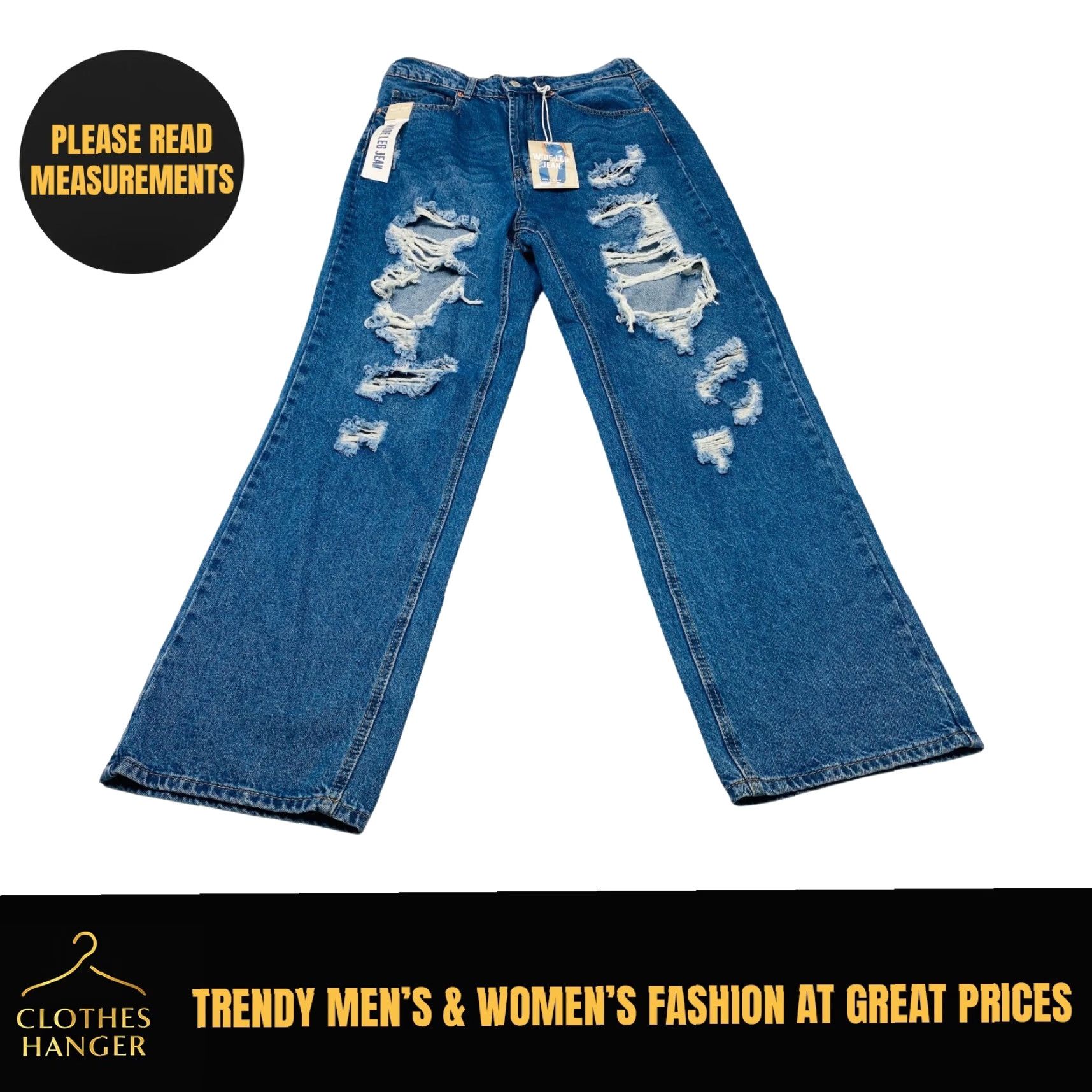 Vintage NEW Wax Jean Collection Jeans Mens XL Blue Denim Wide Leg Distressed Shredded Stretch Size 40" / US 18 - 2 Thumbnail