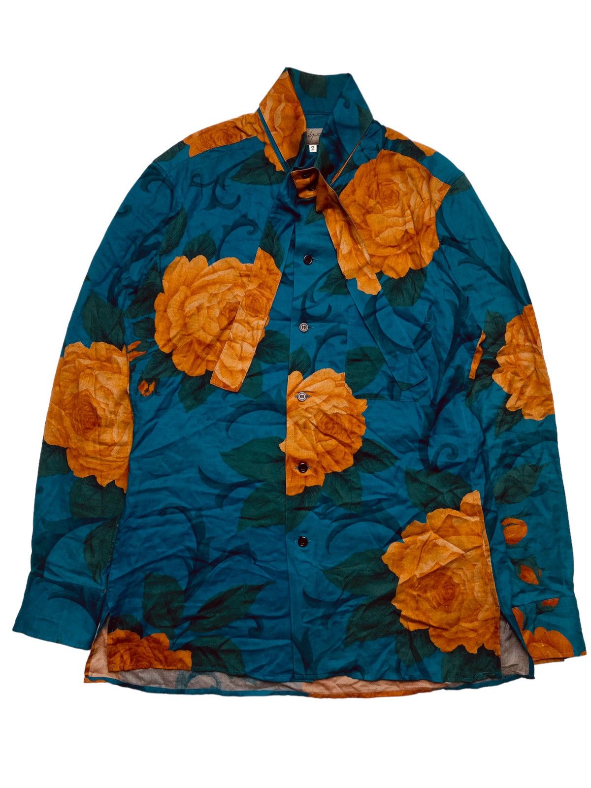 image of Yohji Yamamoto 1990S YYPH - Collar Lace Rose Button Shirt in Blue, Men's (Size Medium)