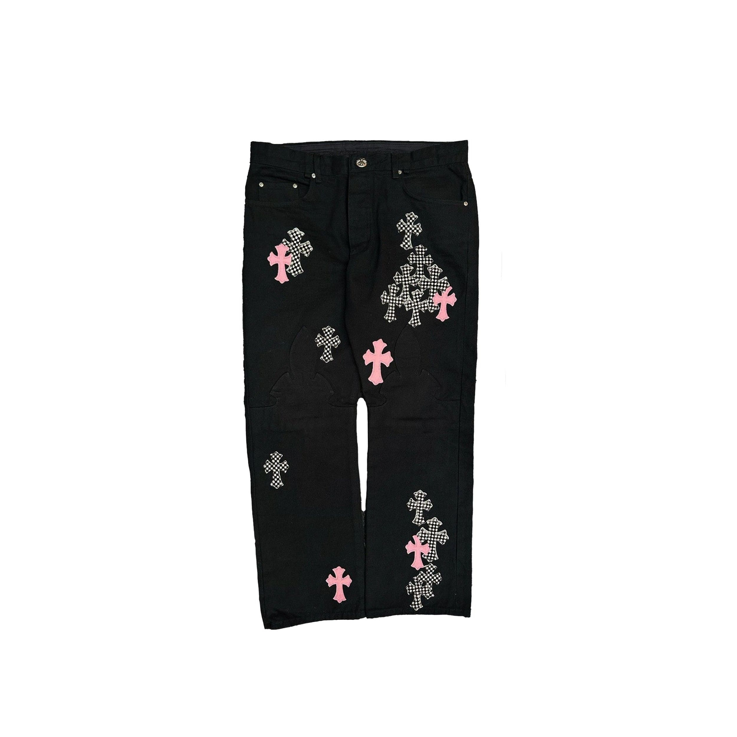 CHROME HEARTS PINK/CHECKERED FLEUR KNEE CROSS PATCH DENIM