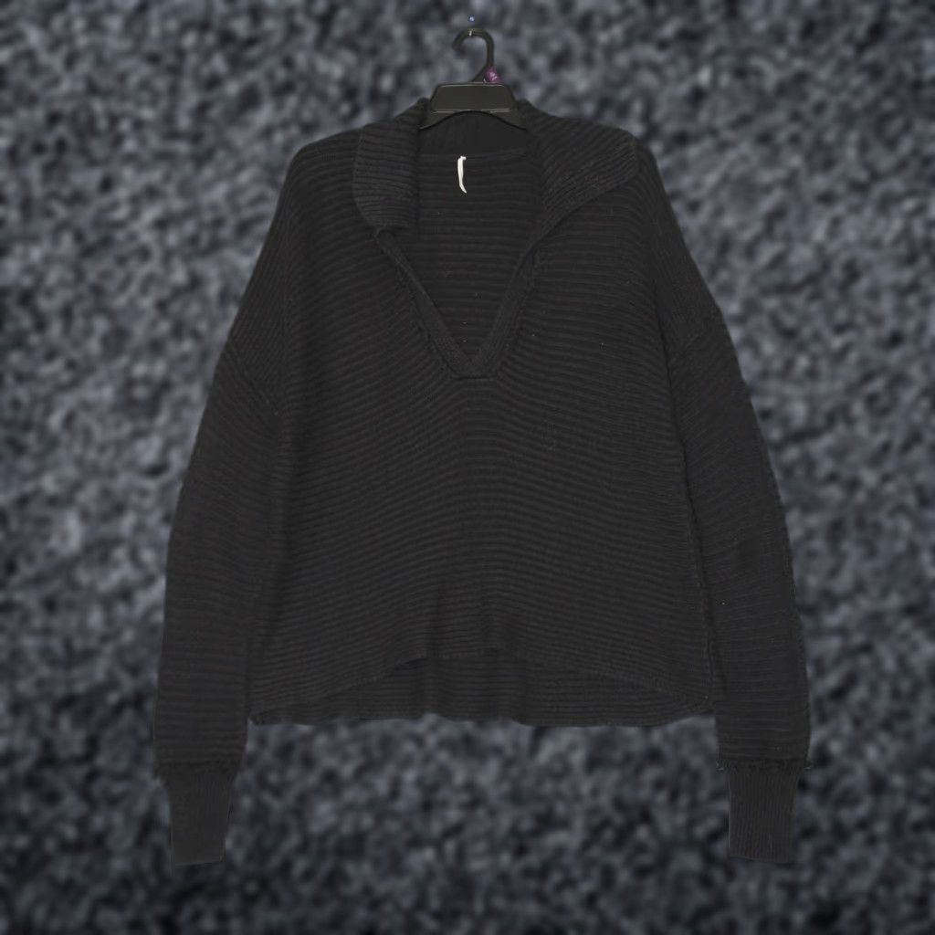 Free People Free People Pullover Sweater Womens L Black Ribbed Deep V Neck Slouchy Cotton Size L / US 10 / IT 46 - 1 Thumbnail