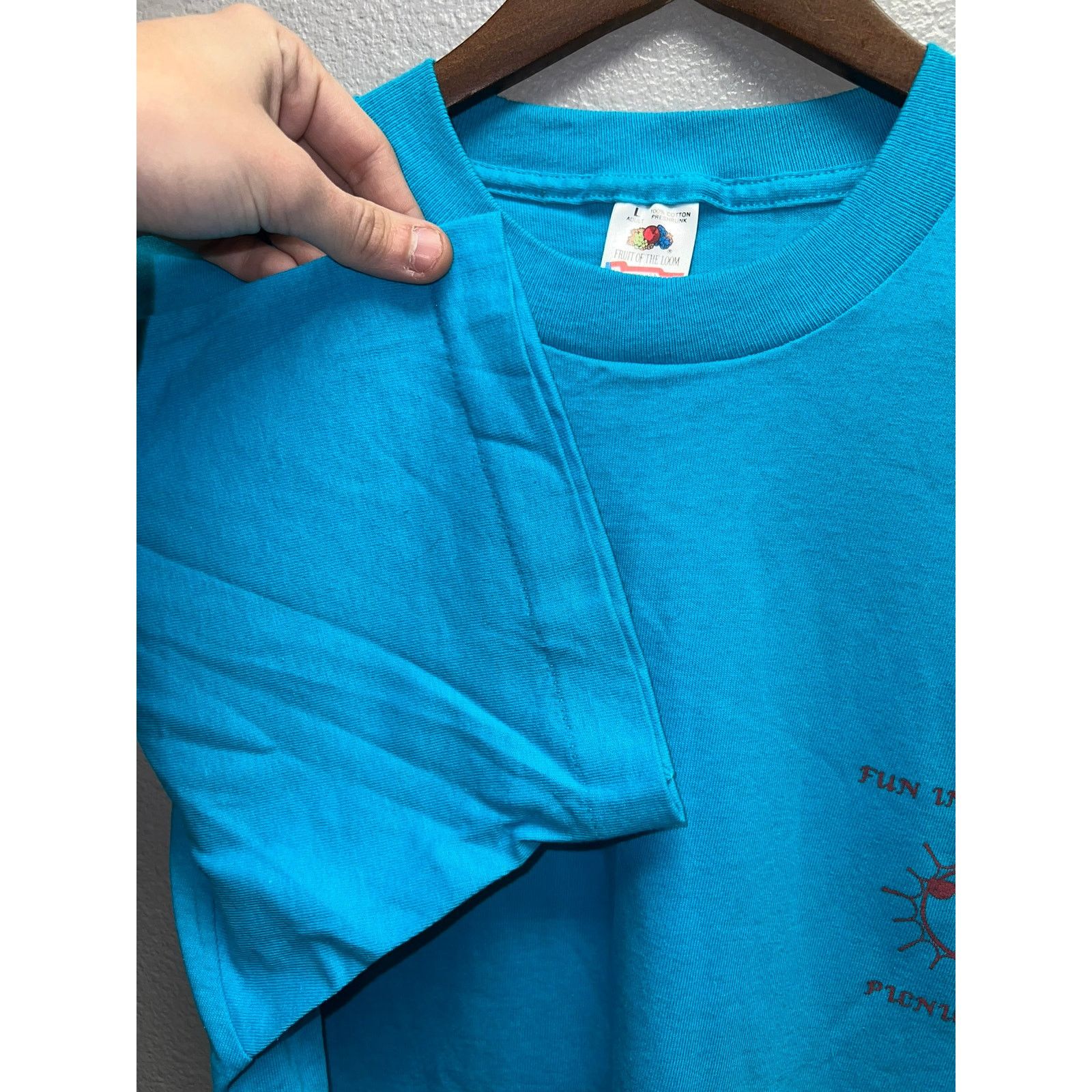 Fruit Of The Loom Vintage Picnic Shirt Fun In The Sun 84 Blue Sunshine Tee 90s Size US L / EU 52-54 / 3 - 4 Thumbnail