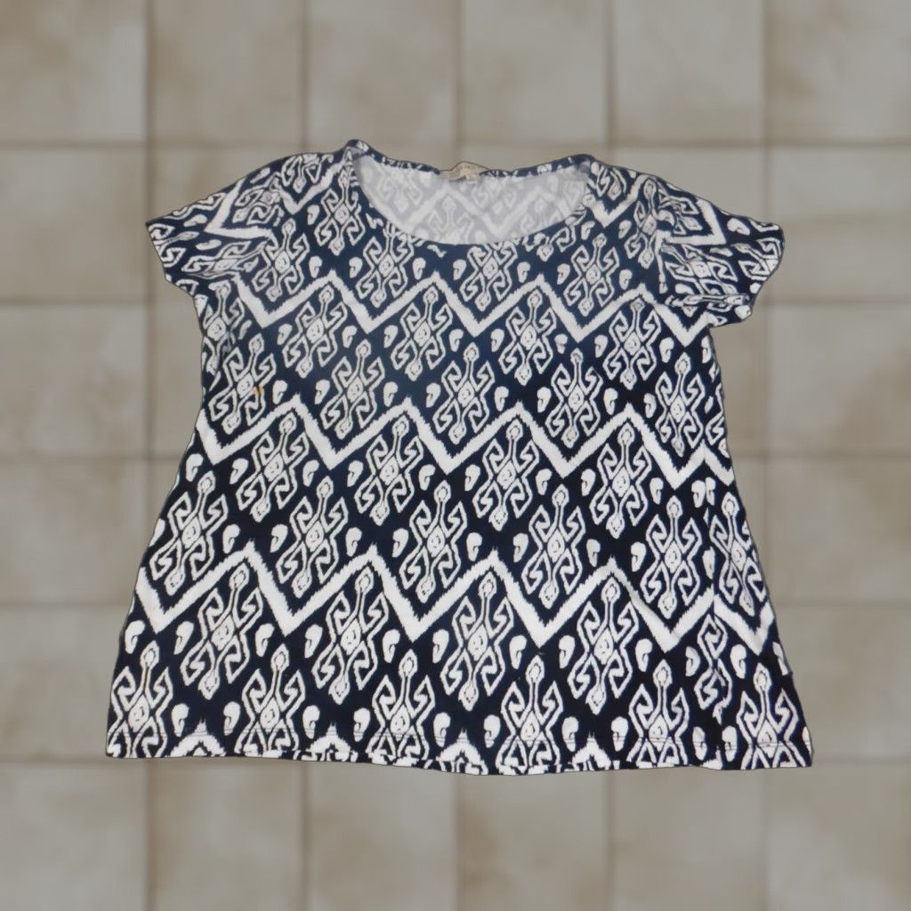Jones New York Jones New York Womens Blouse XL Blue Geometric Cotton Pullover Short Sleeve Collared Shirt Top Mens Women? Size XL / US 12-14 / IT 48-50 - 1 Thumbnail