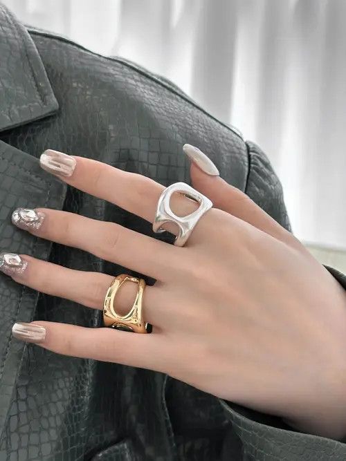 Jewelry Liquid Metal Chunky Hollow Open Adjustable Set Of Rings Size ONE SIZE - 1 Thumbnail