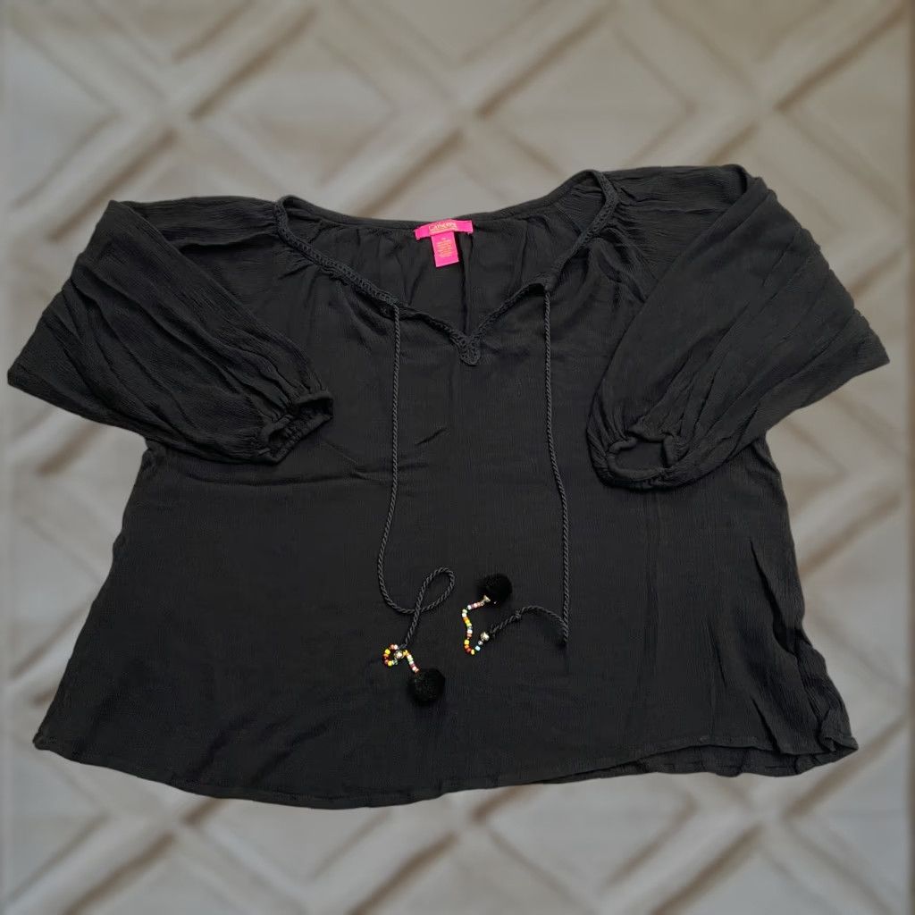 Vintage Catherine Malandrino Tunic Blouse Womens M Black Tasseled Rayon Bohemian Size M / US 6-8 / IT 42-44 - 1 Thumbnail
