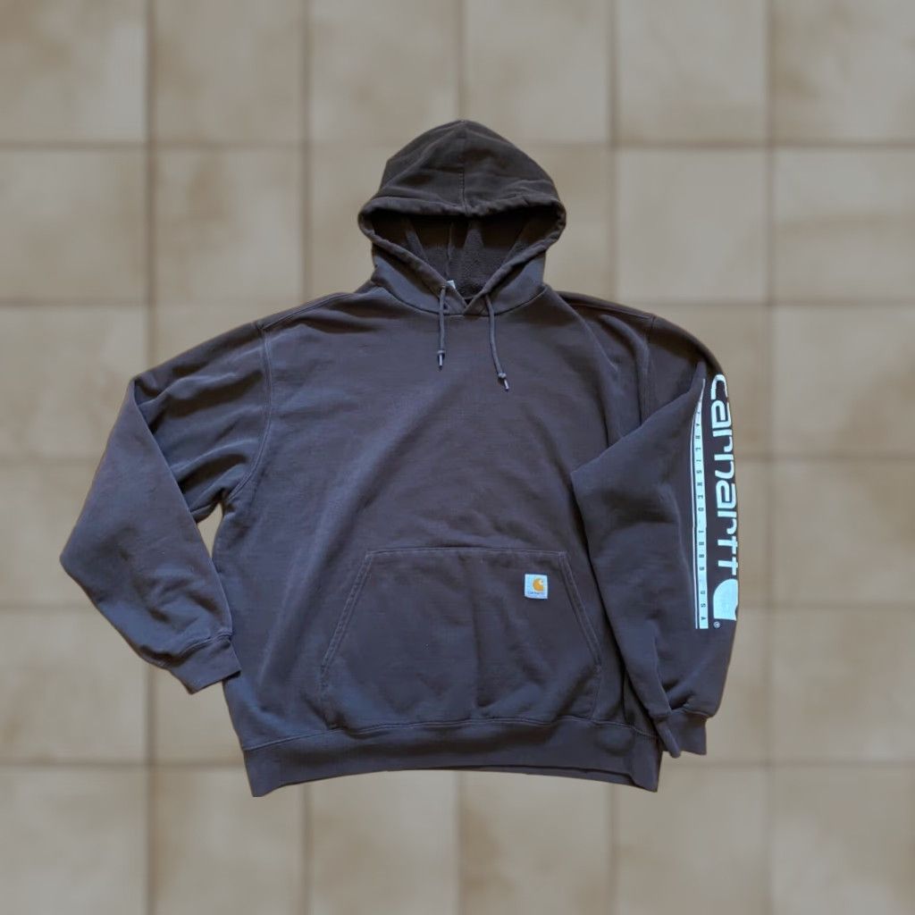 Carhartt VINTAGE Carhartt Sweatshirt Hooded Navy Brown XXL Logo Sleeve Long Sleeve Mens Pullover Corded Cotton Blend Big & Tall Size US XXL / EU 58 / 5 - 1 Thumbnail