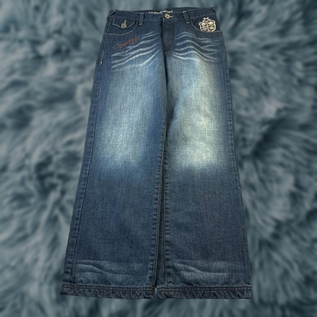 Denime VINTAGE Competition Jeans Mens 34 Blue Denim Pants Y2K 90s Baggy Grunge Straight Distressed Pocket 5-Pocket Logo Embroidered Belt Loops USA Mens Size US 34 / EU 50 - 1 Thumbnail