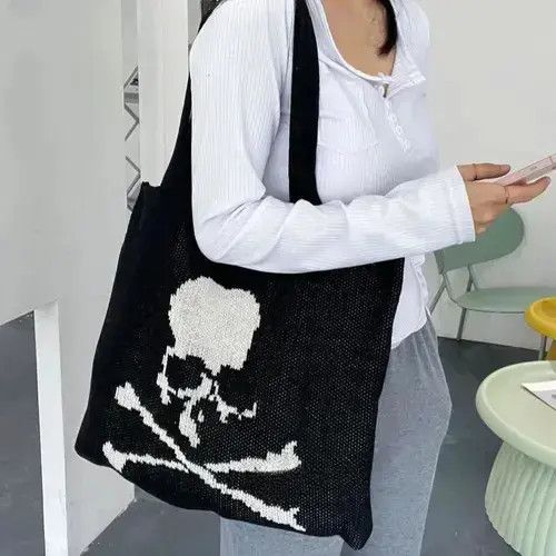 Skull Bag Punk Art Tote Shoulder Satchel in Black, Men's