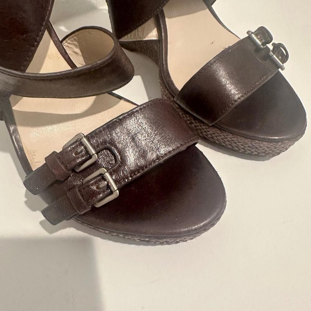 Designer KORS Michael Kors Brown Leather Jute Wedge Sandals Size 8 Size US 8 / IT 38 - 5 Thumbnail