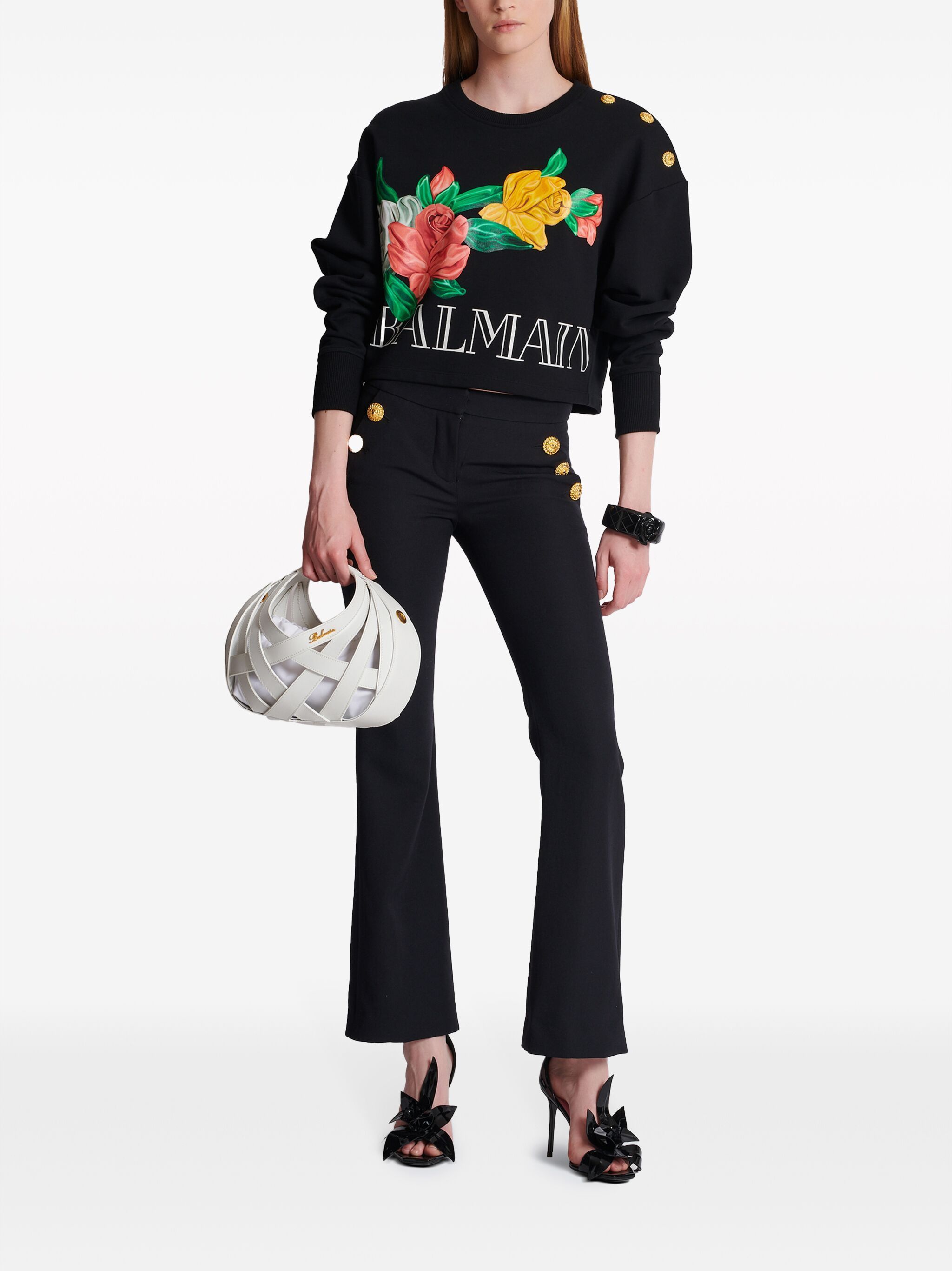 Balmain o1s1wg110125 Rose-Print Cropped Sweatshirt in Black Size XS / US 0-2 / IT 36-38 - 2 Thumbnail