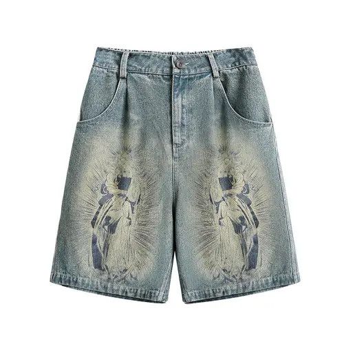 Japanese Brand Classical Figure Print Washed Denim Shorts Size US 32 / EU 48 - 1 Thumbnail