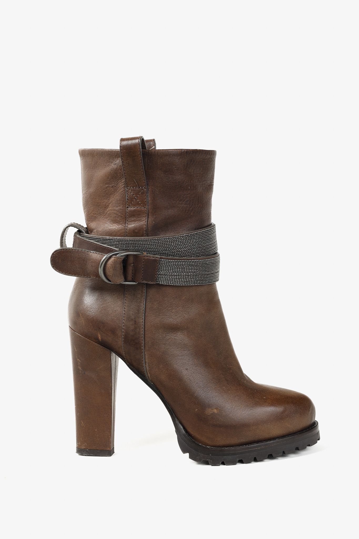 Brunello Cucinelli Brunello Cucinelli Brown Monili Trimmed Leather Lug Boots Size US 6.5 / IT 36.5 - 1 Thumbnail