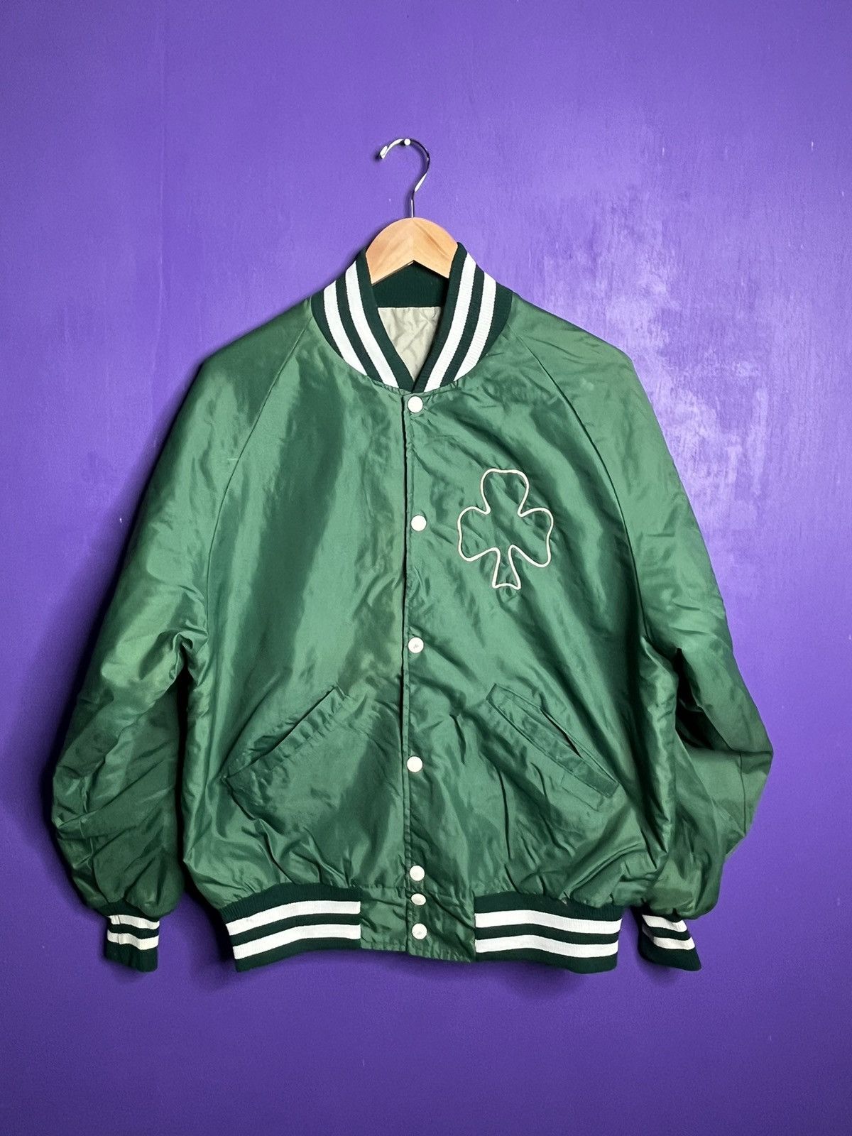 image of American College x Made In USA Vintage 60S East Detroit Chain Stitch Satin Jacket in Green (Size La
