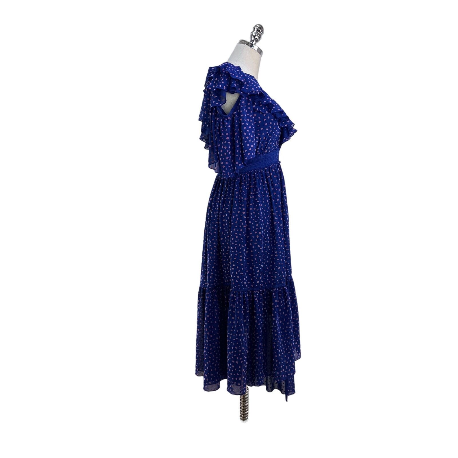 Other Three Floor Polka Dot Ada Dress Blue Ruffles V Neck Midi Size S / US 4 / IT 40 - 8 Thumbnail