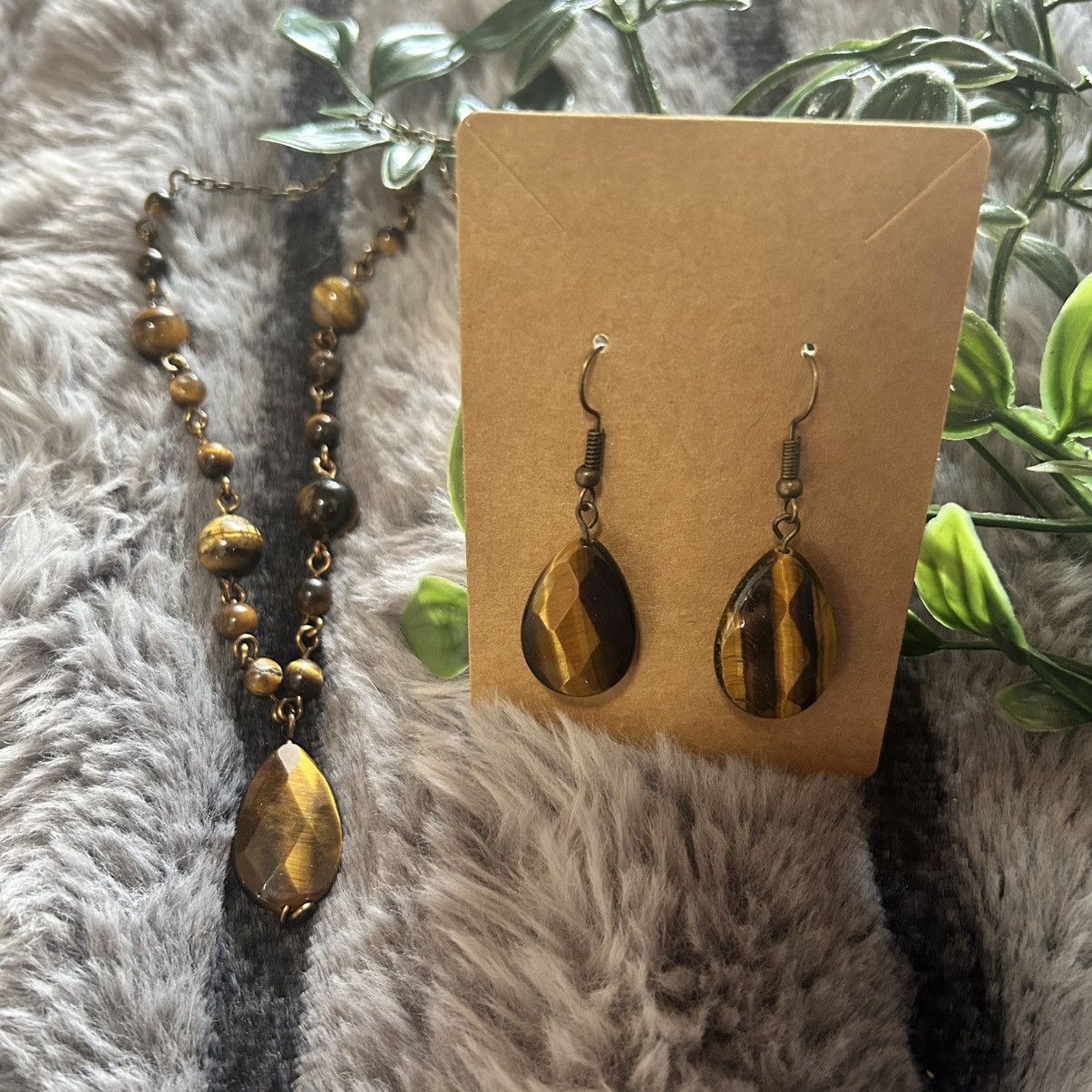 Handmade Handcrafted teardrop genuine stone tigers eye brass set Size ONE SIZE - 1 Thumbnail