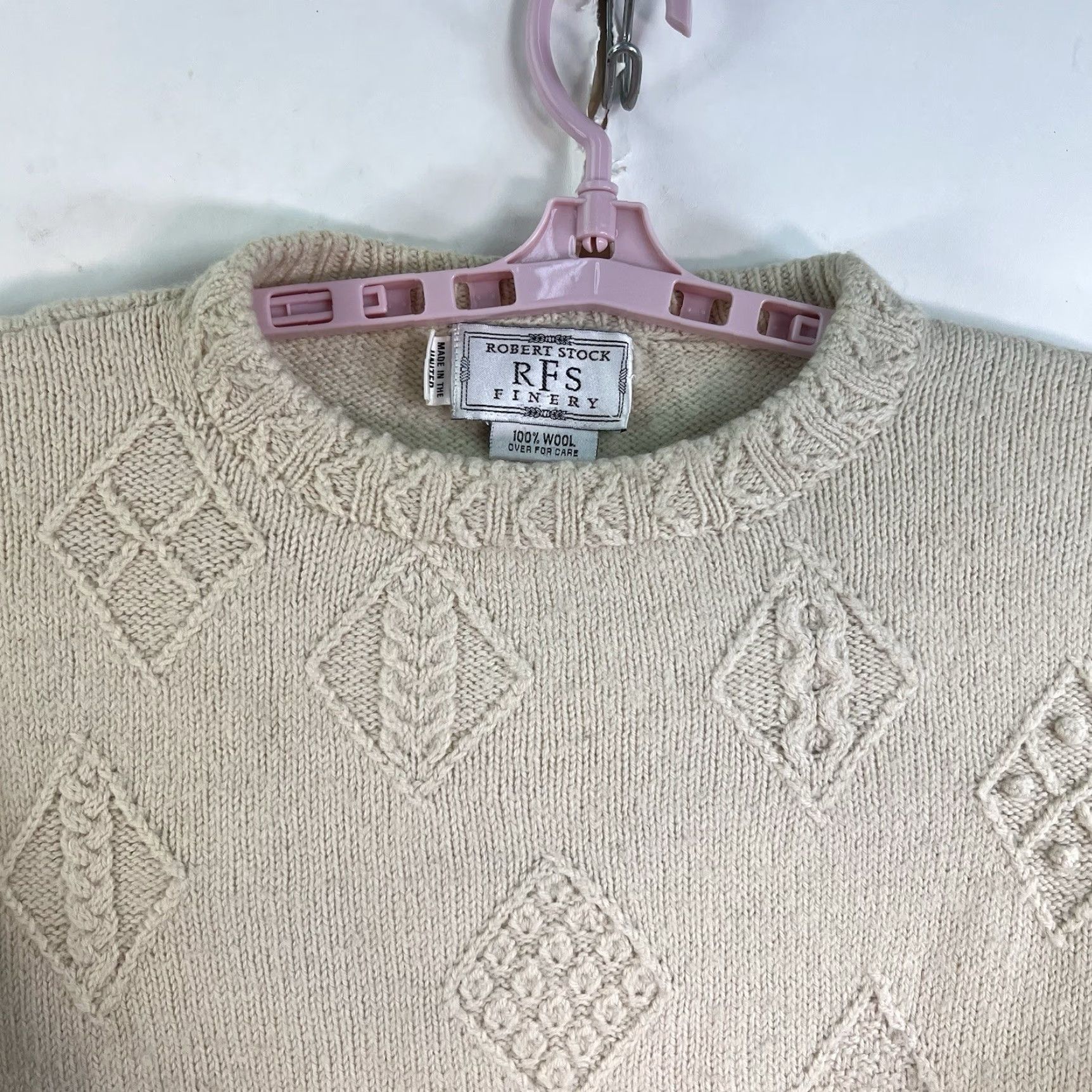 Vintage VTG Robert Stock Finery 100% Wool Sweater Men’s Size L Ivory Cable-Knit Crew Neck Pullover UK Made Mens Winter Casual Vintage Wool Sweater Size US L / EU 52-54 / 3 - 3 Thumbnail