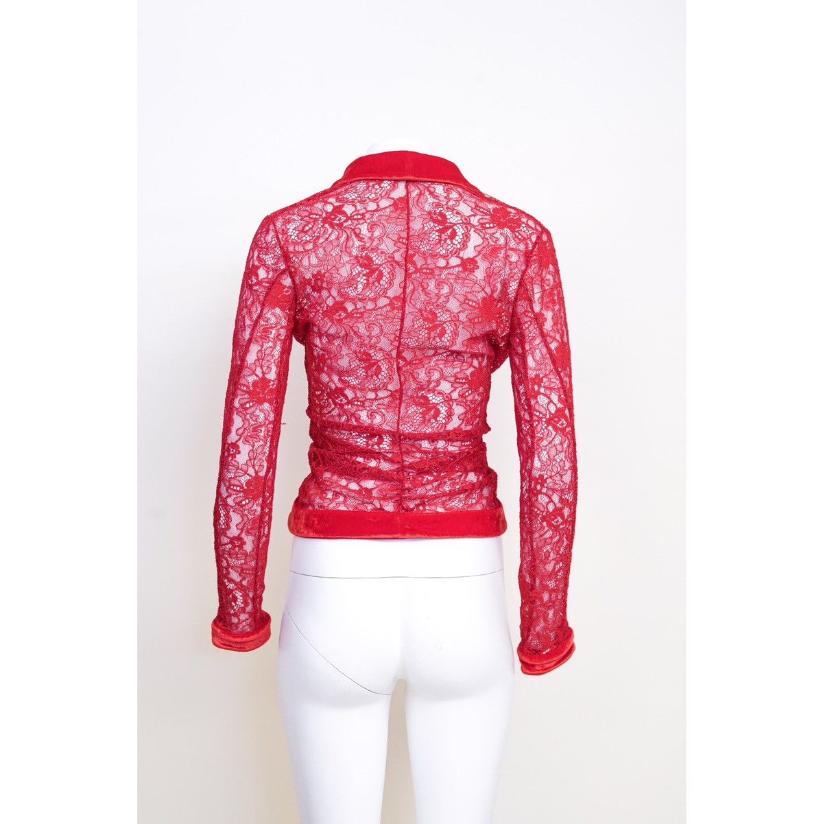 Dior Christian Dior F/W 2003 Red Lace Jacket Top with Velvet Trim Size S / US 4 / IT 40 - 5 Thumbnail