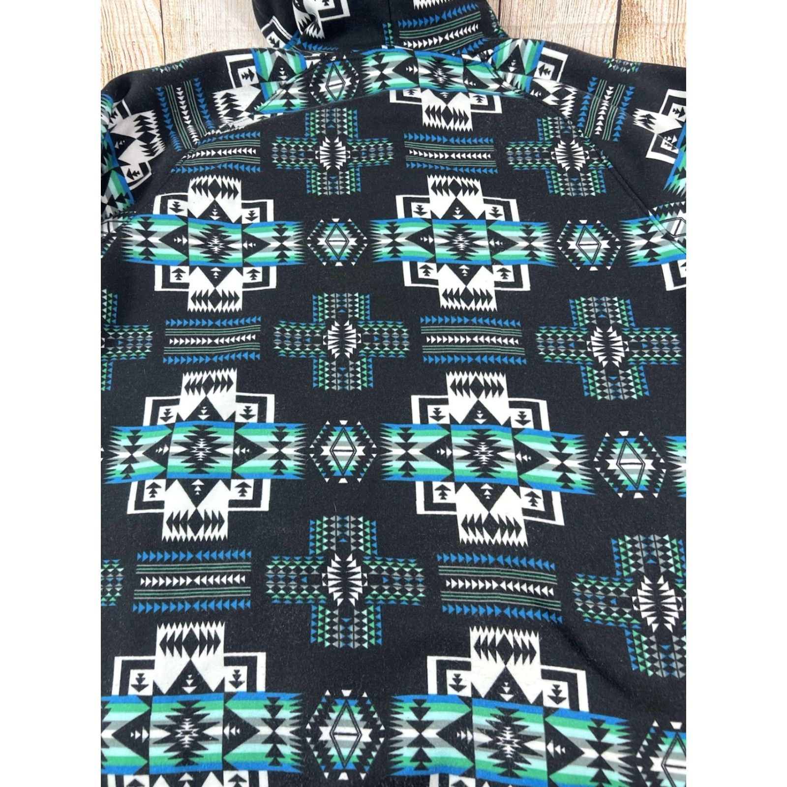 Native VINTAGE Native Aztec Fleece Hoodie Sweatshirt Men M Black Green Hooded Graphic Print Pockets Pullover Size US M / EU 48-50 / 2 - 5 Thumbnail