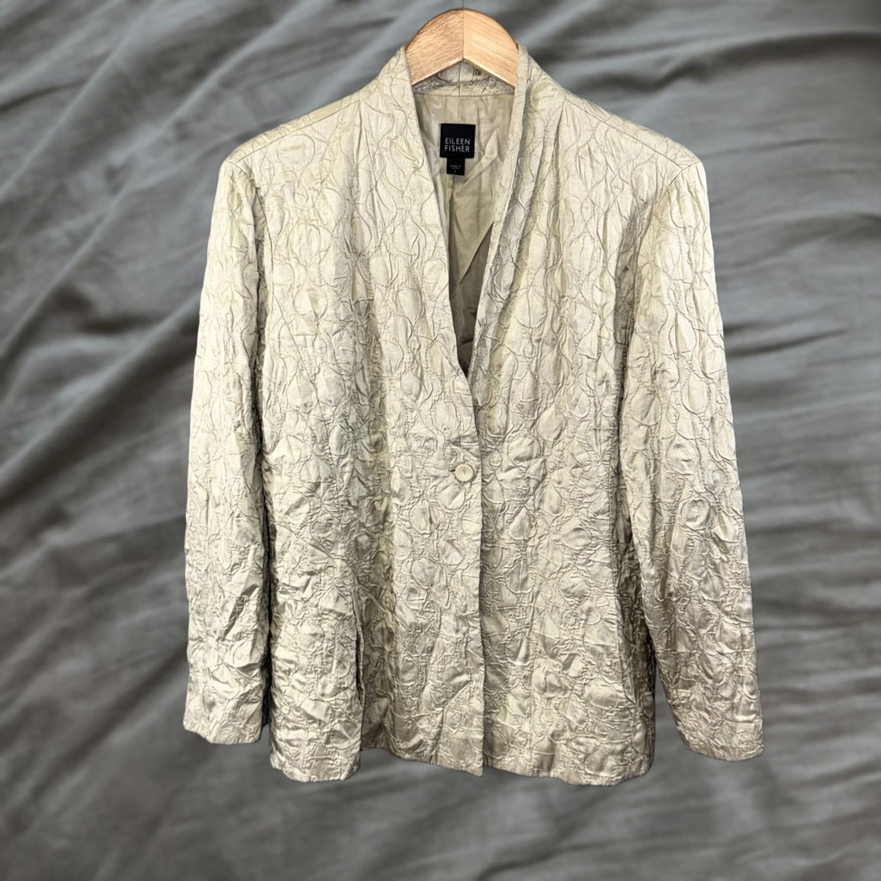 Eileen Fisher Eileen Fisher Blazer Jacket Womens Large Beige Textured Button Front Lightweight Quilted Mid-Length Blazer Mens Womens? Size L / US 10 / IT 46 - 1 Thumbnail