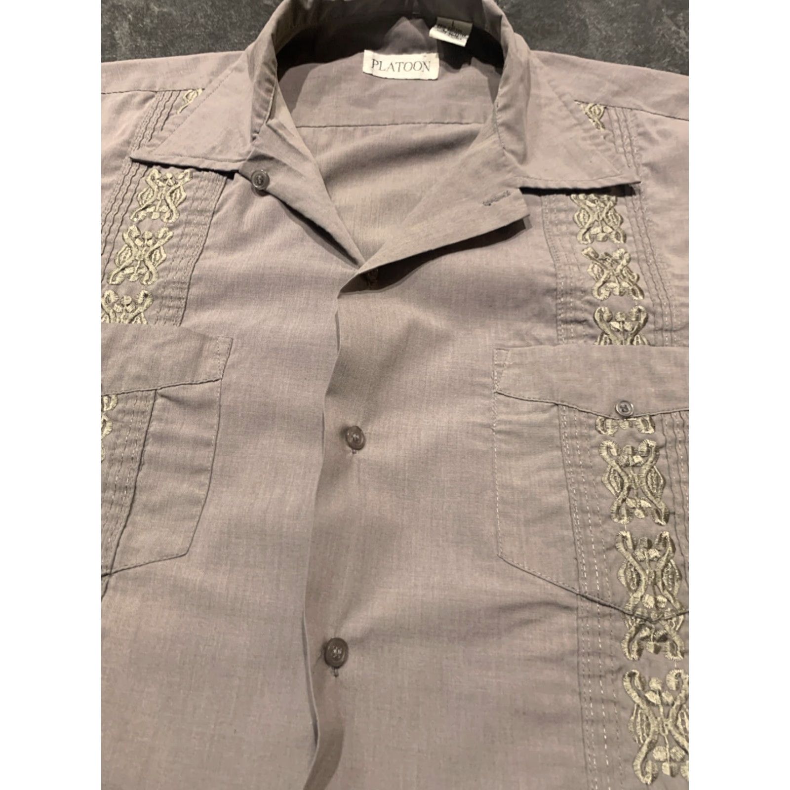 Vintage Platoon Men's Short Sleeve Button Shirt Taupe Geometric Knit Embroidered Casual L Size US L / EU 52-54 / 3 - 3 Thumbnail