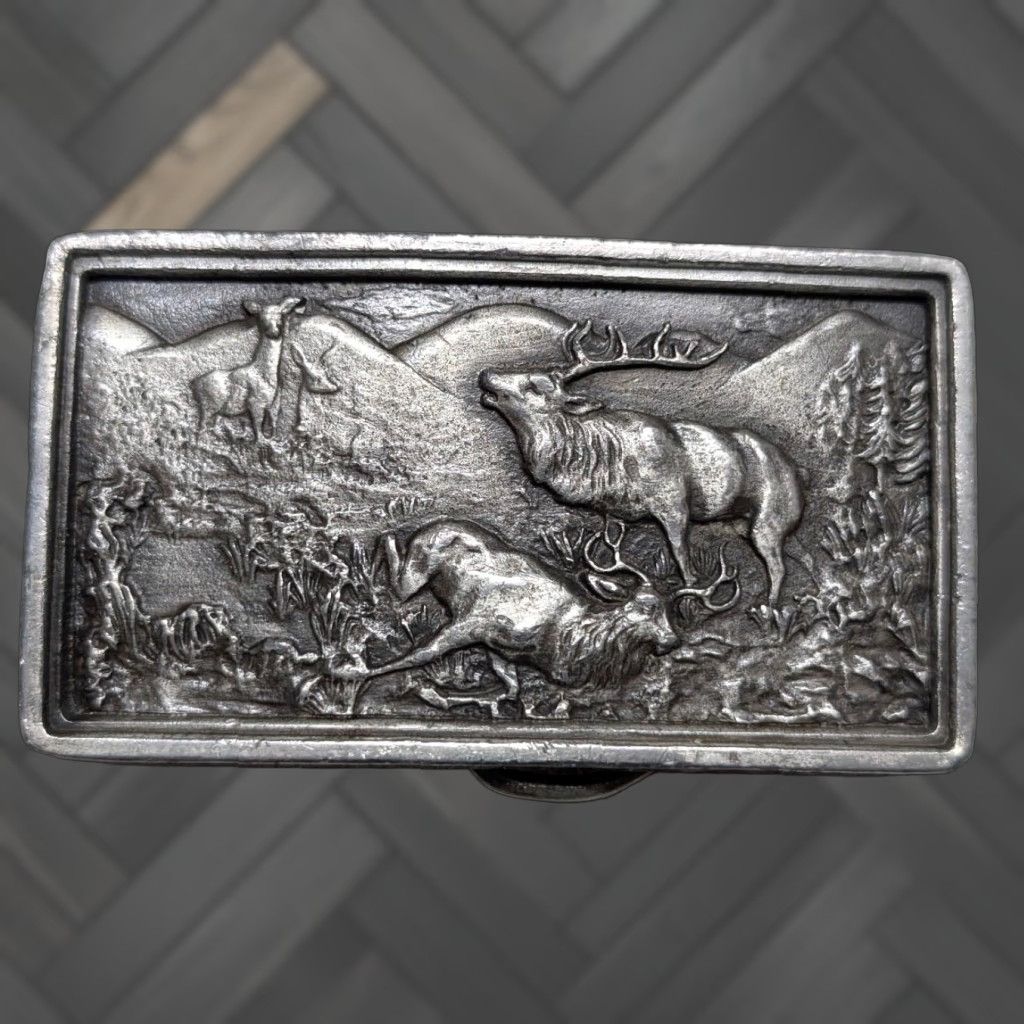 Vintage VINTAGE Bergamot Brass Works belt buckle INJURED ELK Western deer nature 2" x 3.5" 1.75" fits Men Brass Metallic USA West rugged Mens Size ONE SIZE - 1 Thumbnail