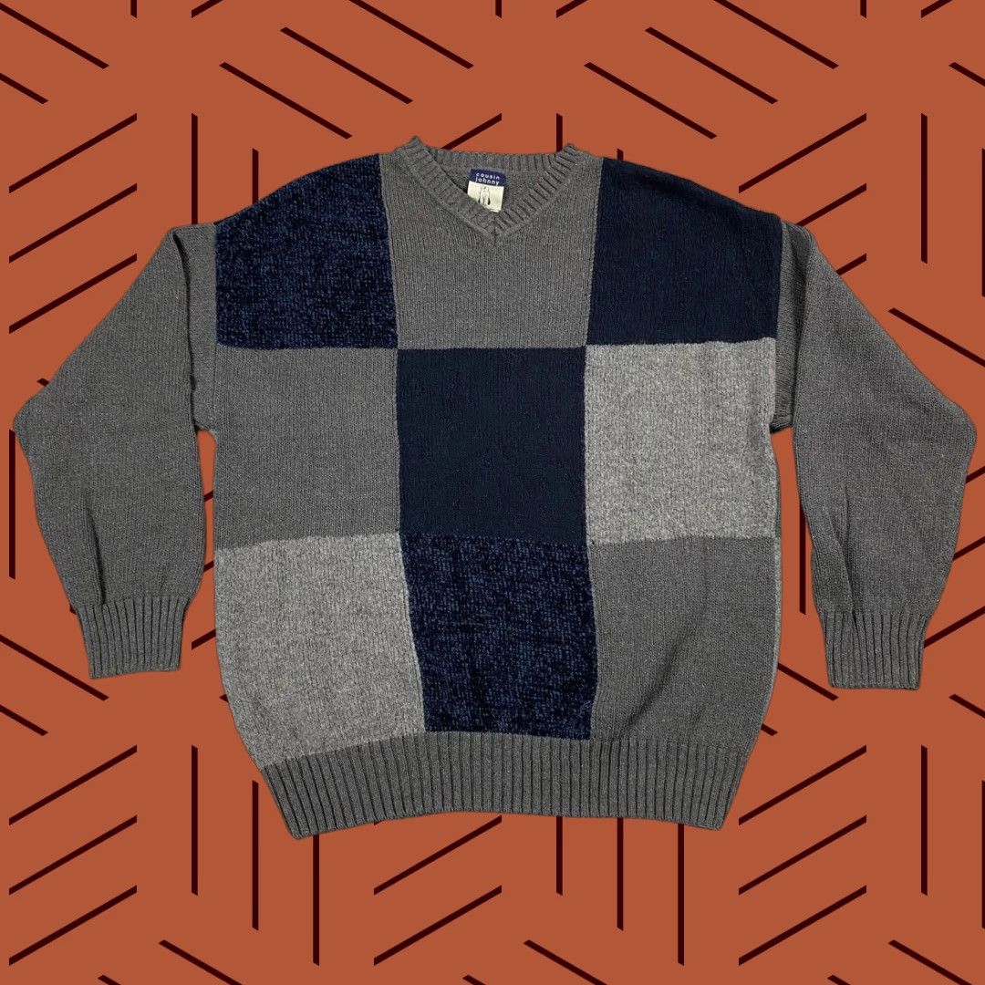 Anthropologie VINTAGE Cousin Johnny Geometric Pullover Sweater Shirt Unisex XL Blue Gray V-Neck 100% Cotton 80s 90s Fashion Mens Womens Size XL / US 12-14 / IT 48-50 - 1 Thumbnail